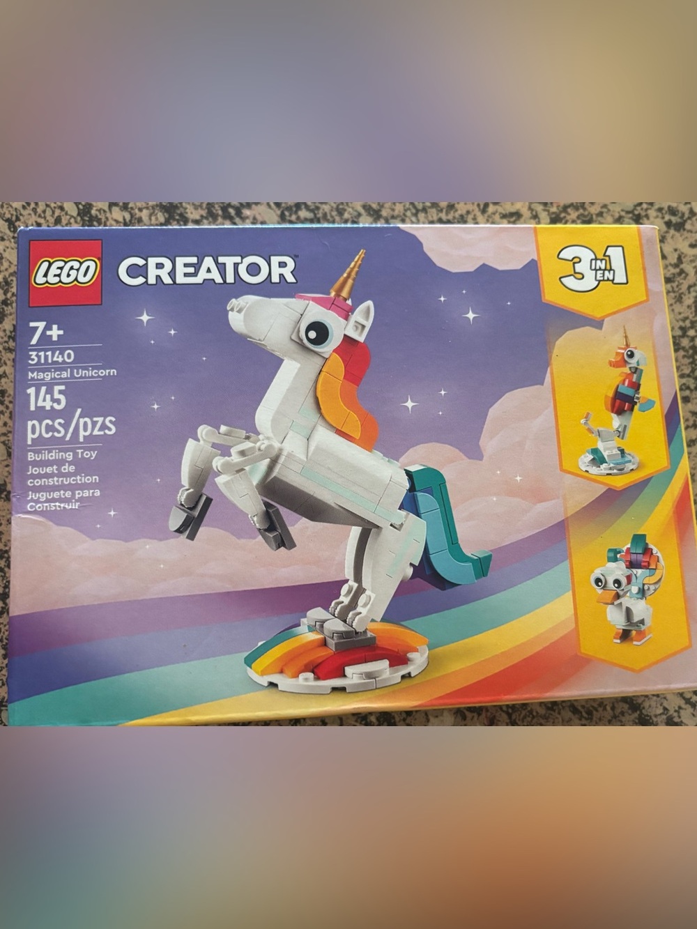 Lego Creator White Unicorn with Rainbow Mane and Gold Horn